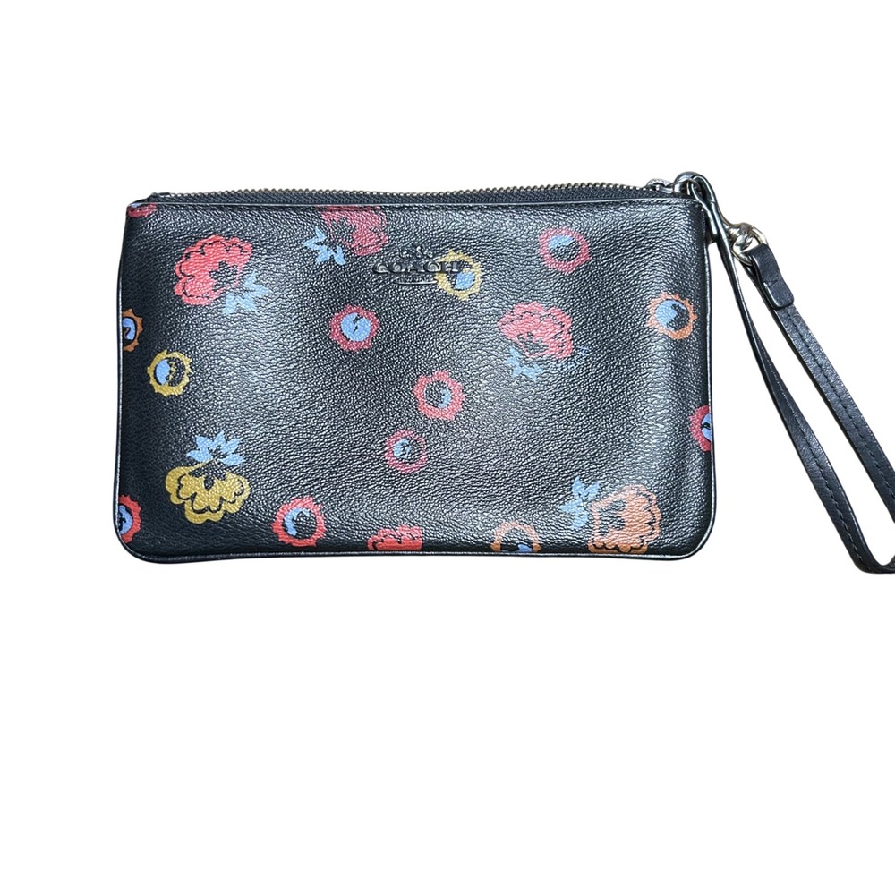 Coach Primrose Floral Print Black Pebbled Leather Wristlet Wallet